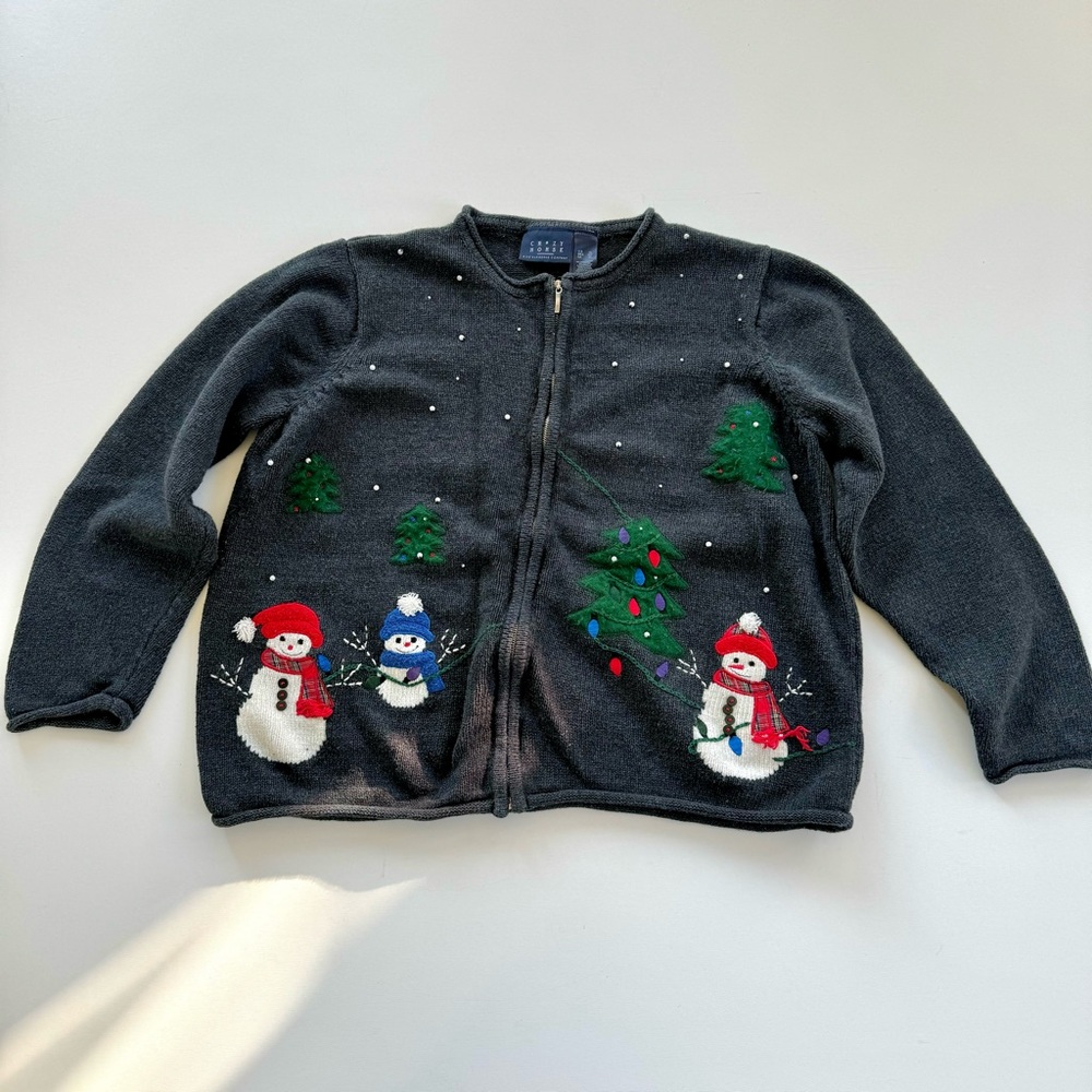 Crazy Horse “Ugly Christmas” Snowmen Gray Knit Sweater Sz XL Front Zipper V-Neck